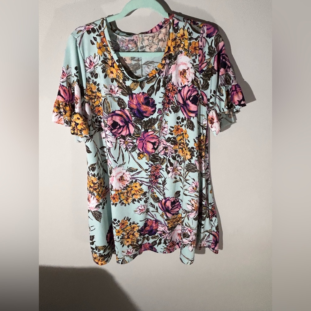Floral Short Sleeve Women's Tunic / Dress - Mint and Purple